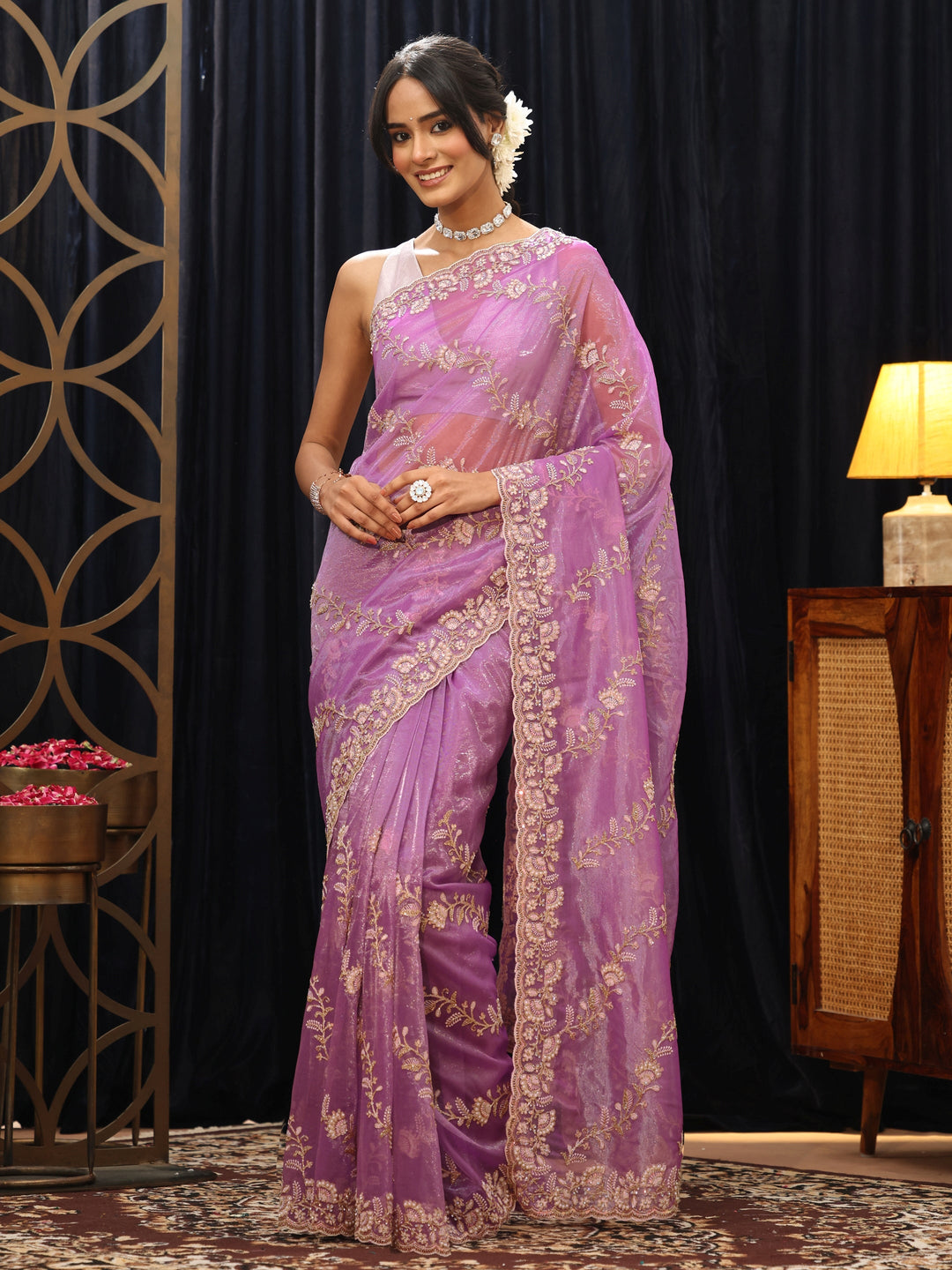  Purple Floral Embroidered Net Saree 