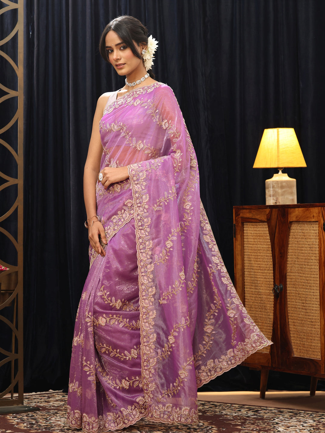  Purple Floral Embroidered Net Saree 