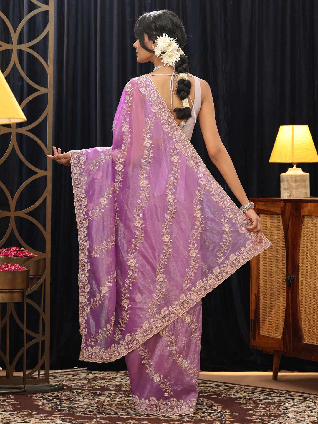  Purple Floral Embroidered Net Saree 