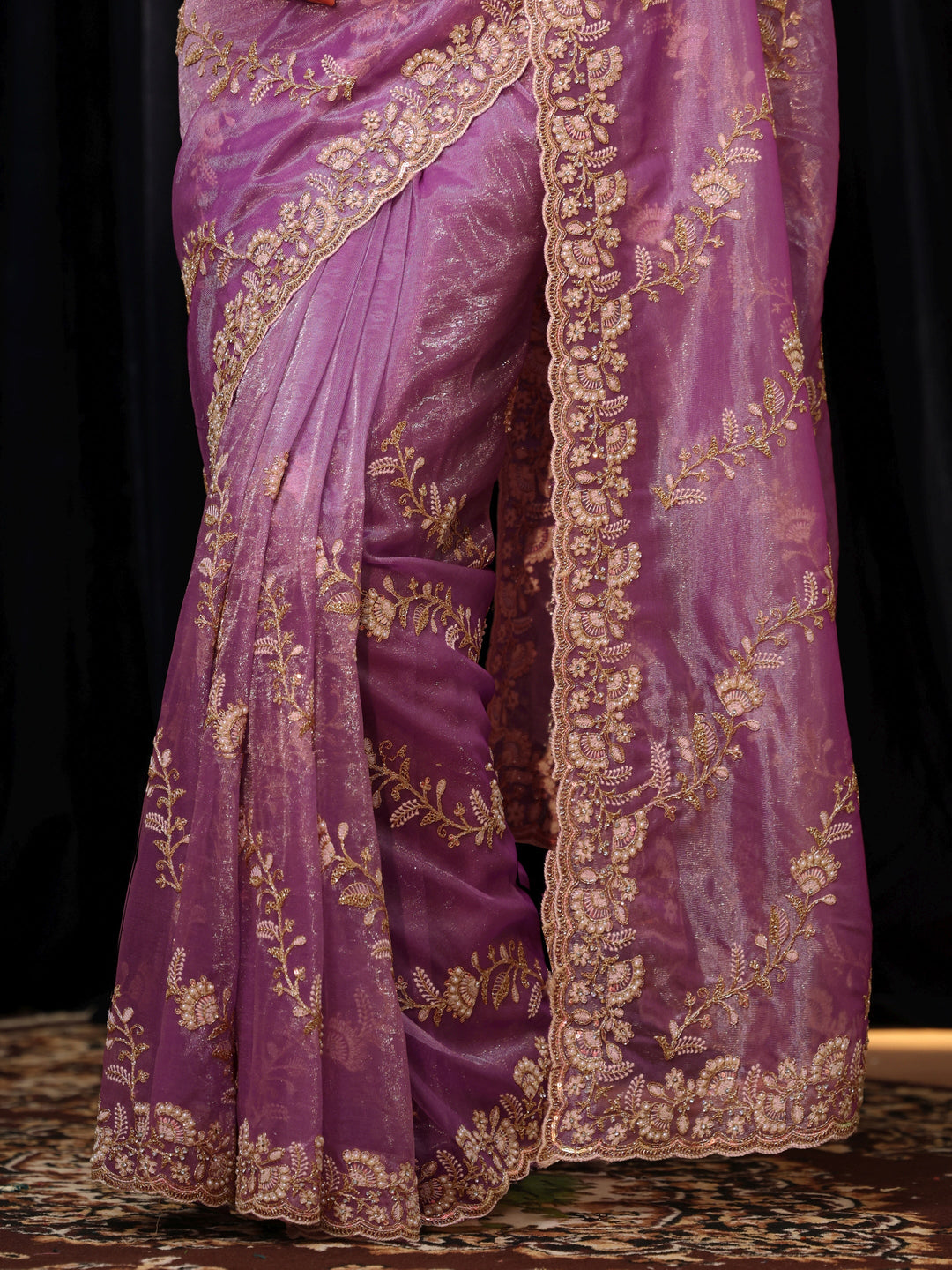  Purple Floral Embroidered Net Saree 