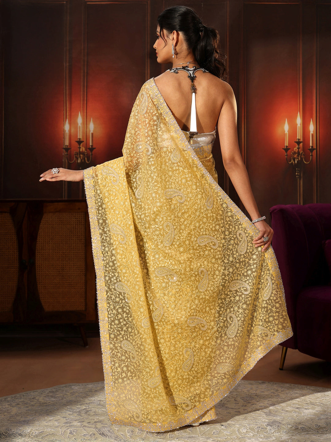  Libas Art Sunshine Yellow Floral Embroidered Chiffon Saree 
