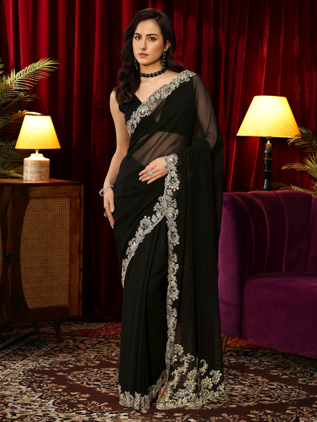  Black Georgette Saree with Embroidered Border 