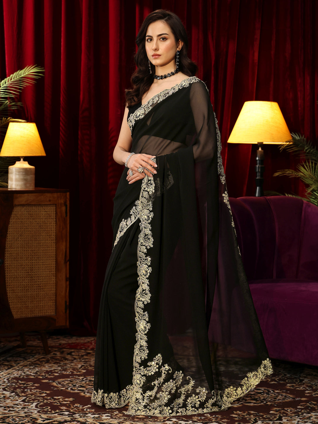  Black Georgette Saree with Embroidered Border 