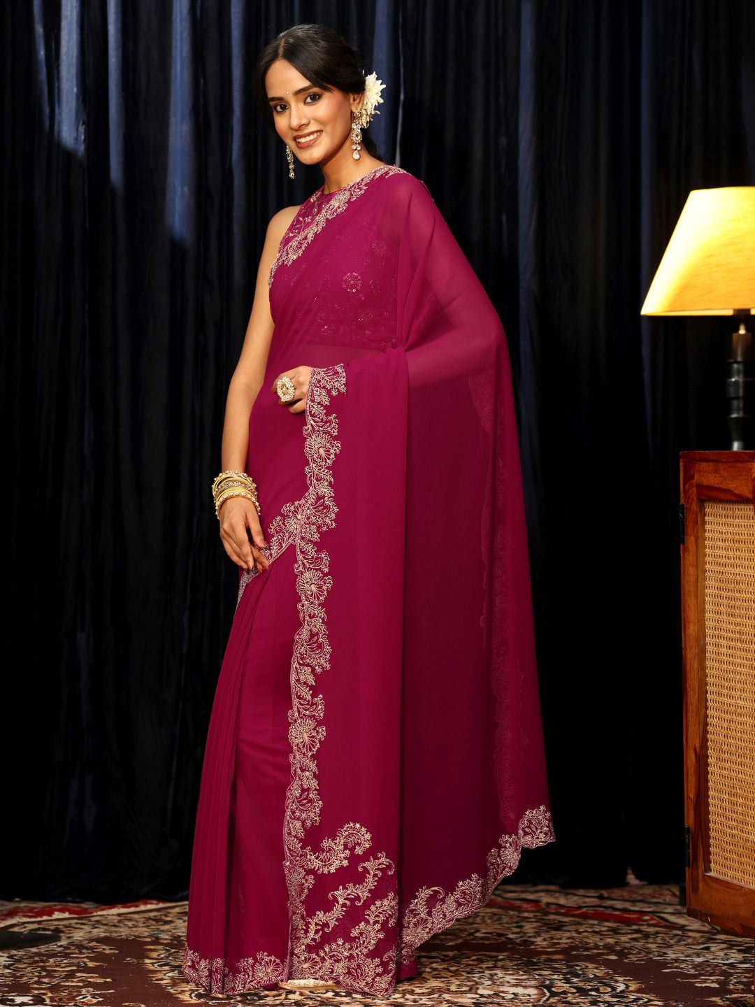  Rani Pink Georgette Saree with Embroidered Border 