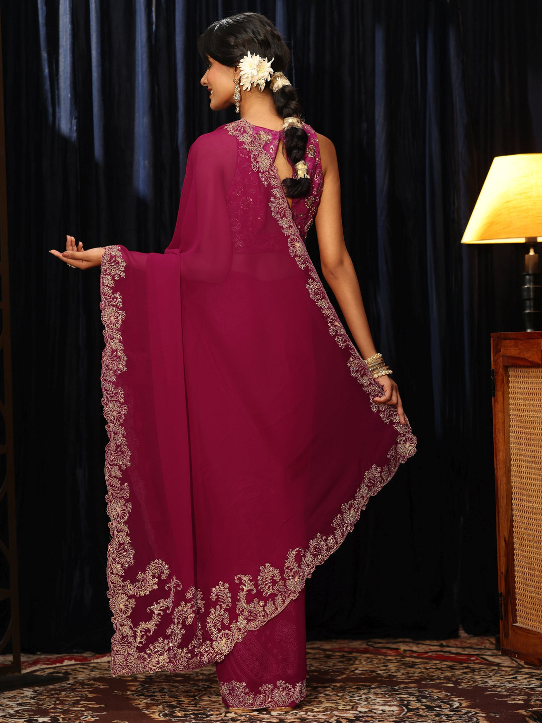  Rani Pink Georgette Saree with Embroidered Border 