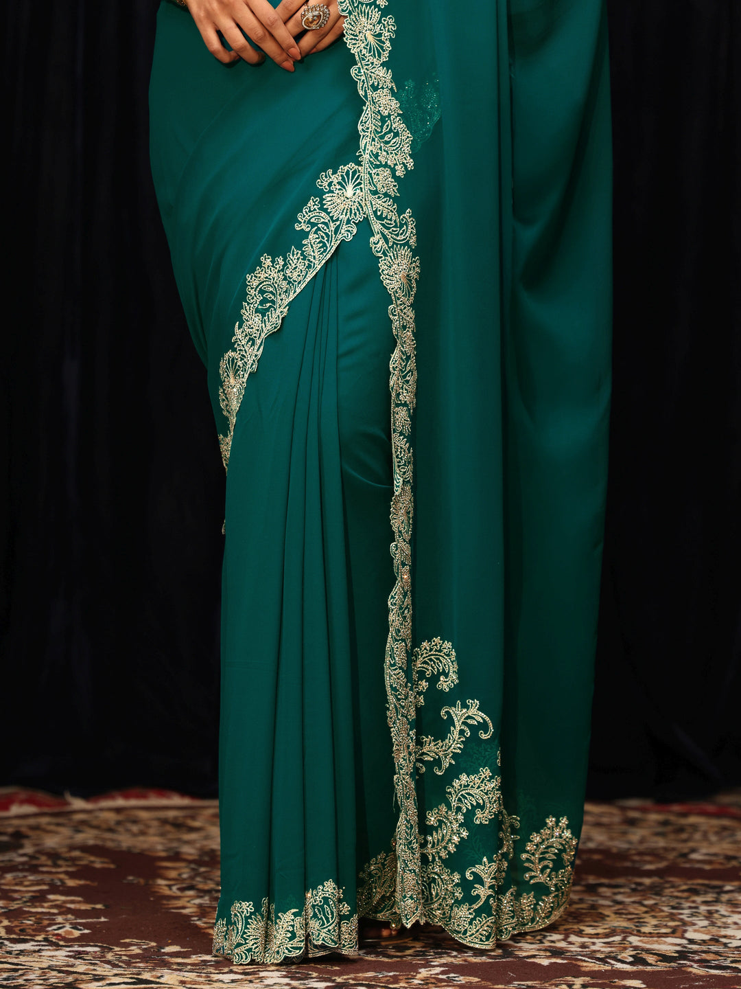  Teal Green Georgette Saree with Embroidered Border 