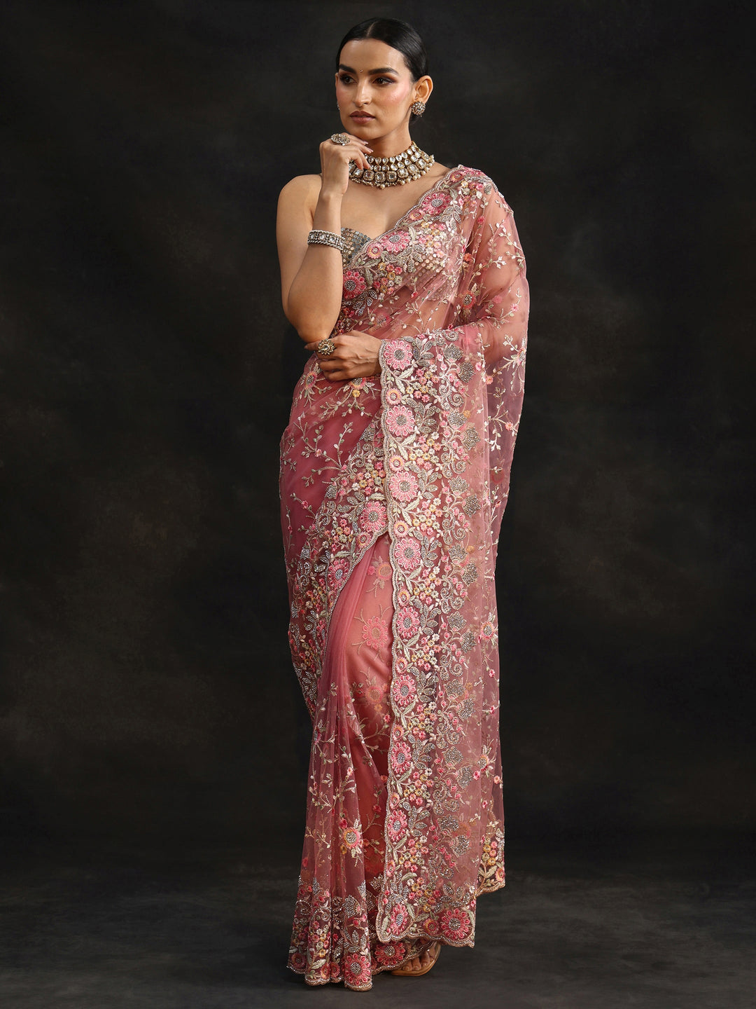  Libas Art Peach Pink Floral Embellished Net Saree 