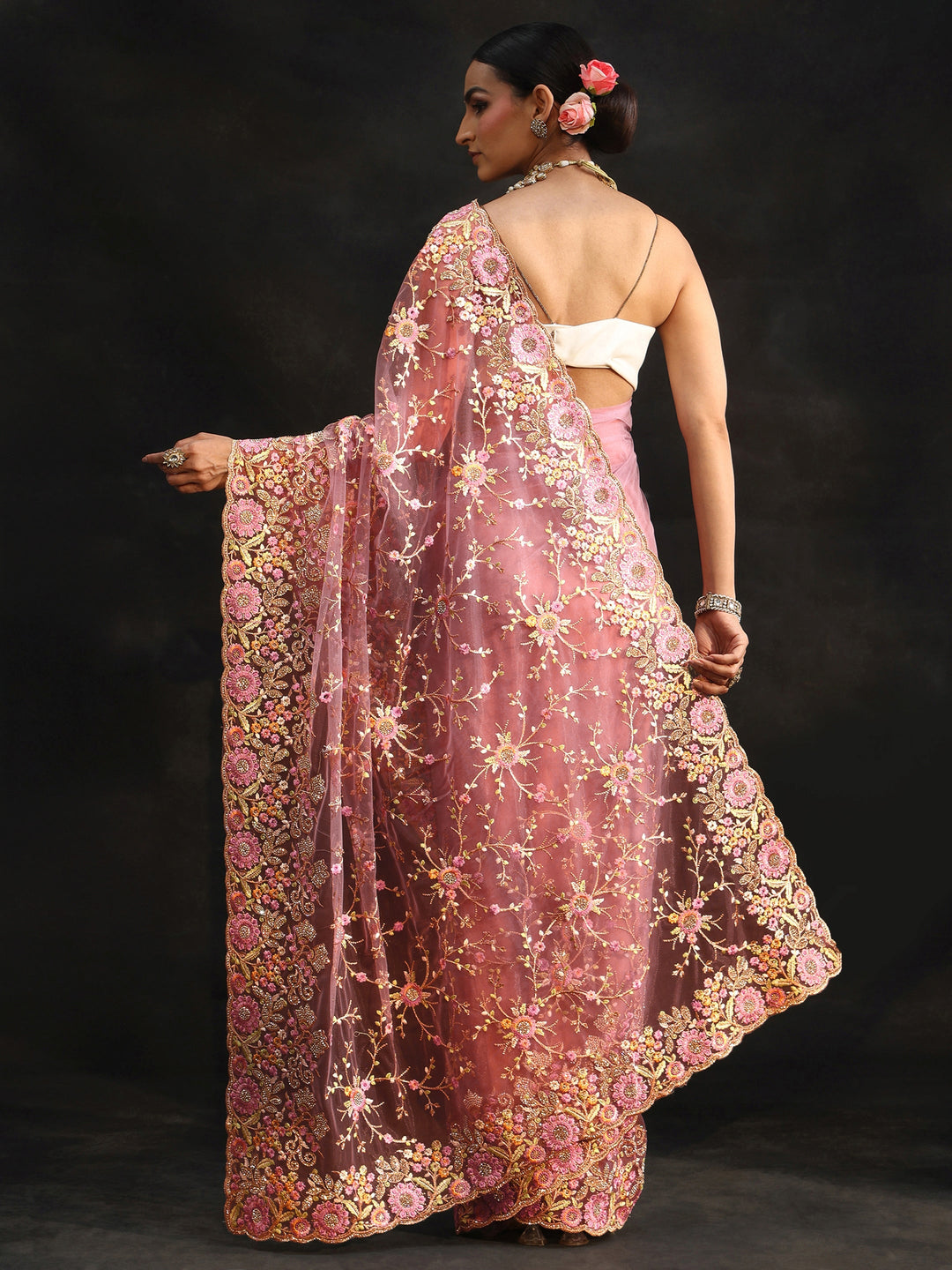  Libas Art Mauve Floral Embellished Net Saree 