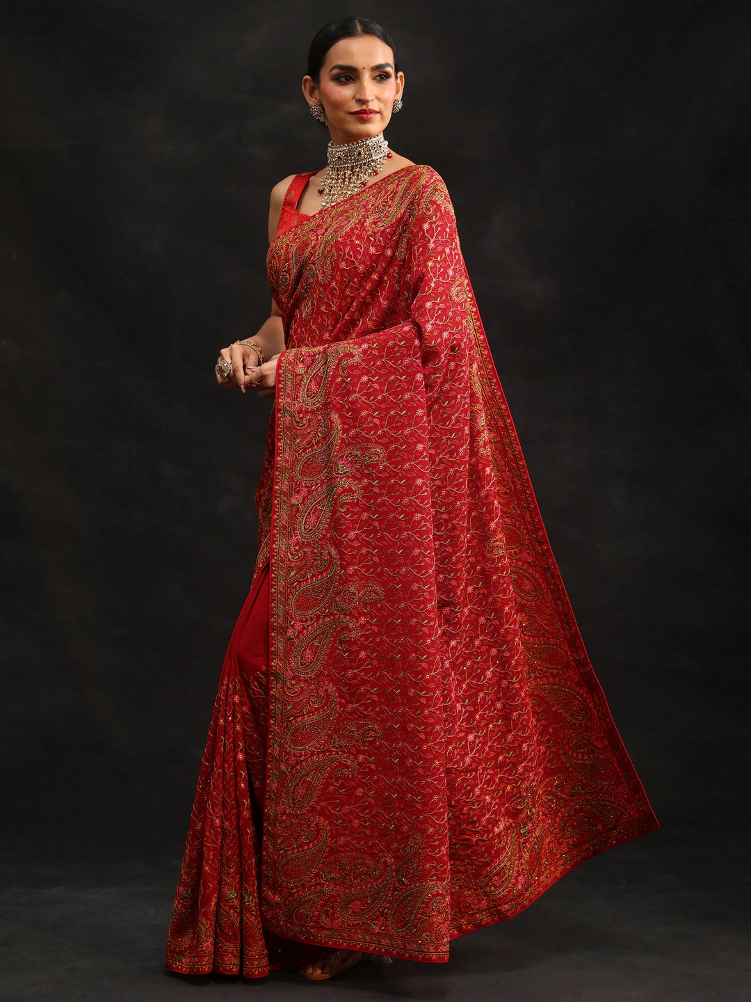  Libas Art Crimson Red Paisley Embroidered Georgette Saree 