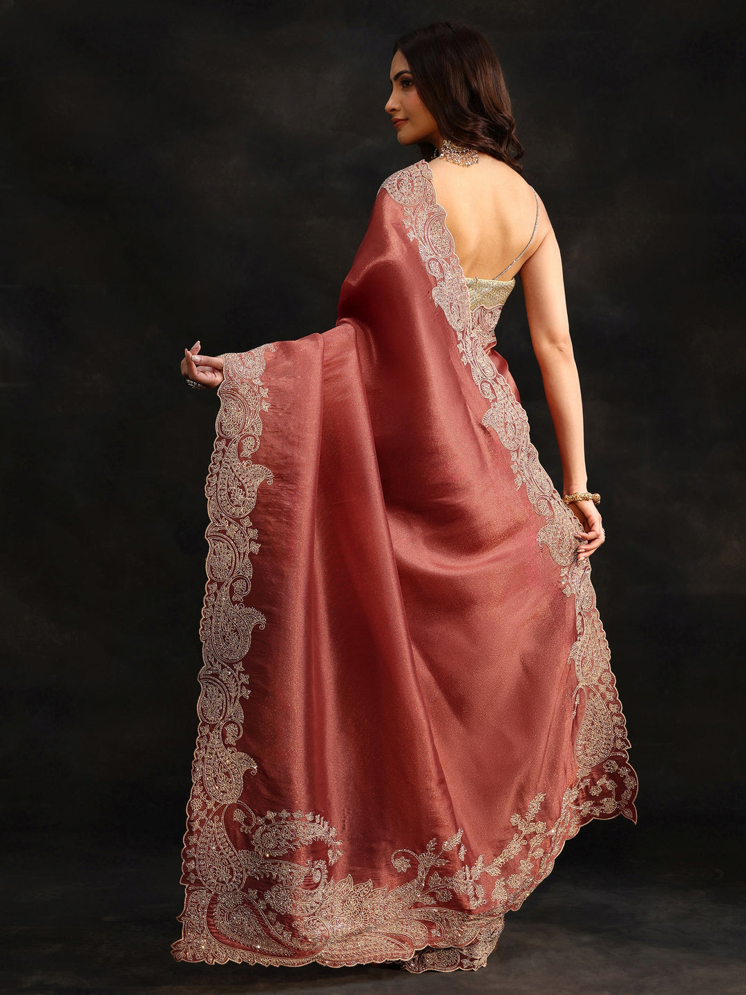  Libas Art Dusty Rose Pink Net Saree with Paisley Border 