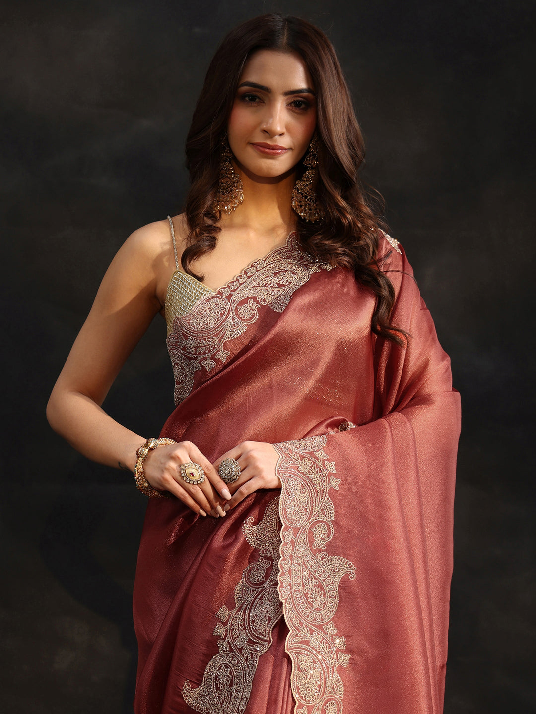  Libas Art Dusty Rose Pink Net Saree with Paisley Border 
