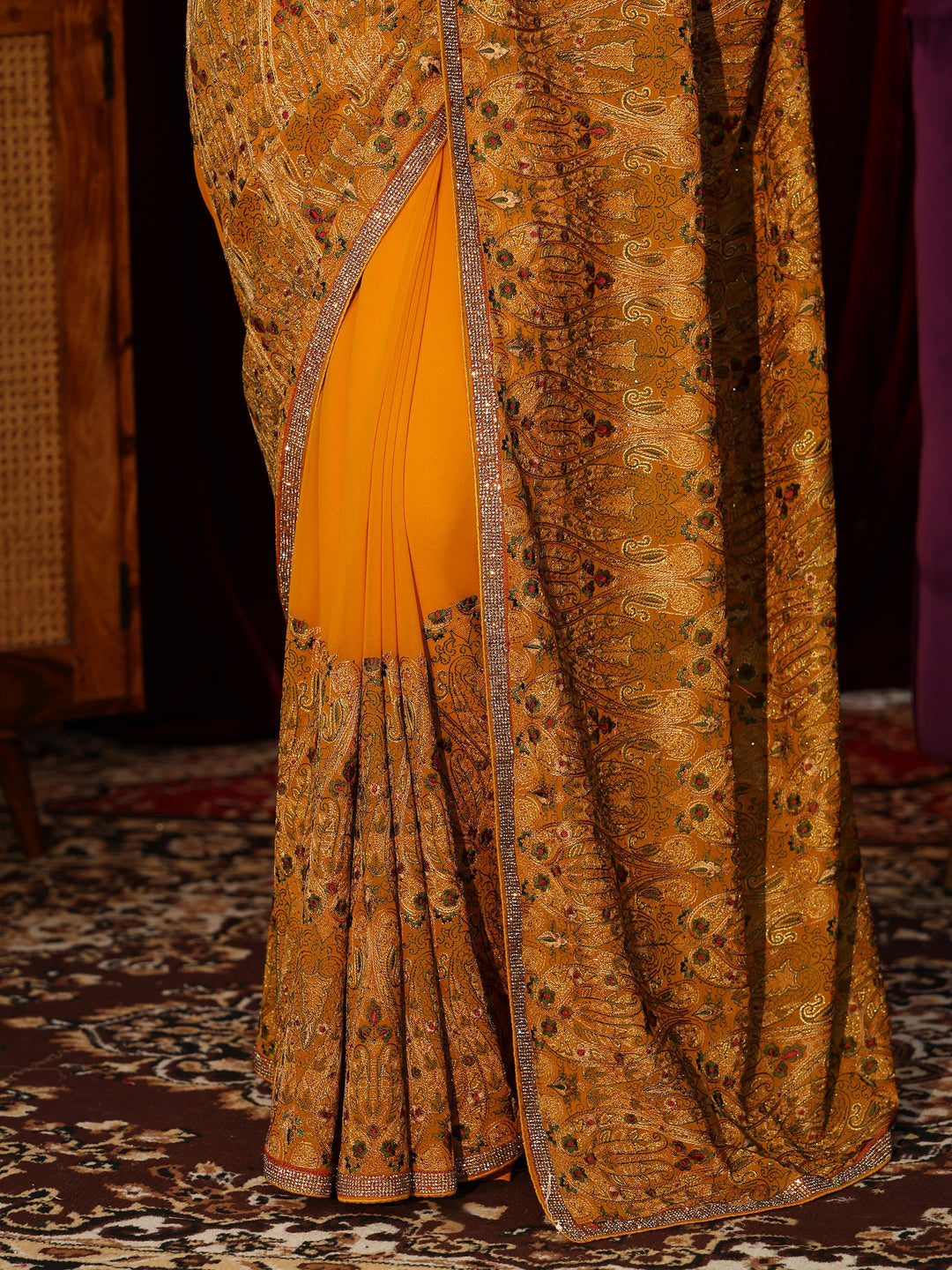  Libas Art Mustard Printed Georgette Saree with Embellished Border 
