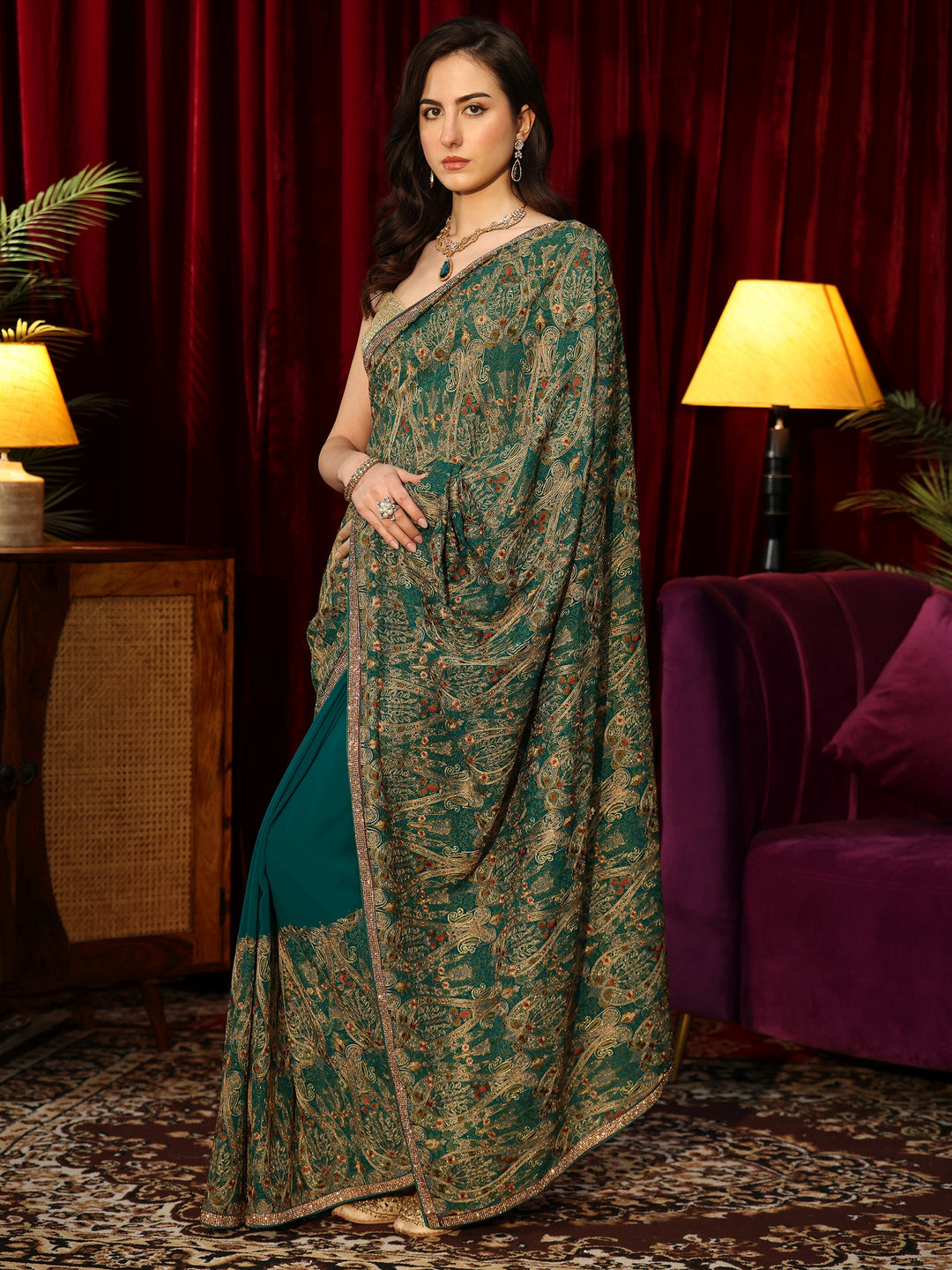 Libas Art Teal Green Printed Georgette Saree with Embellished Border 