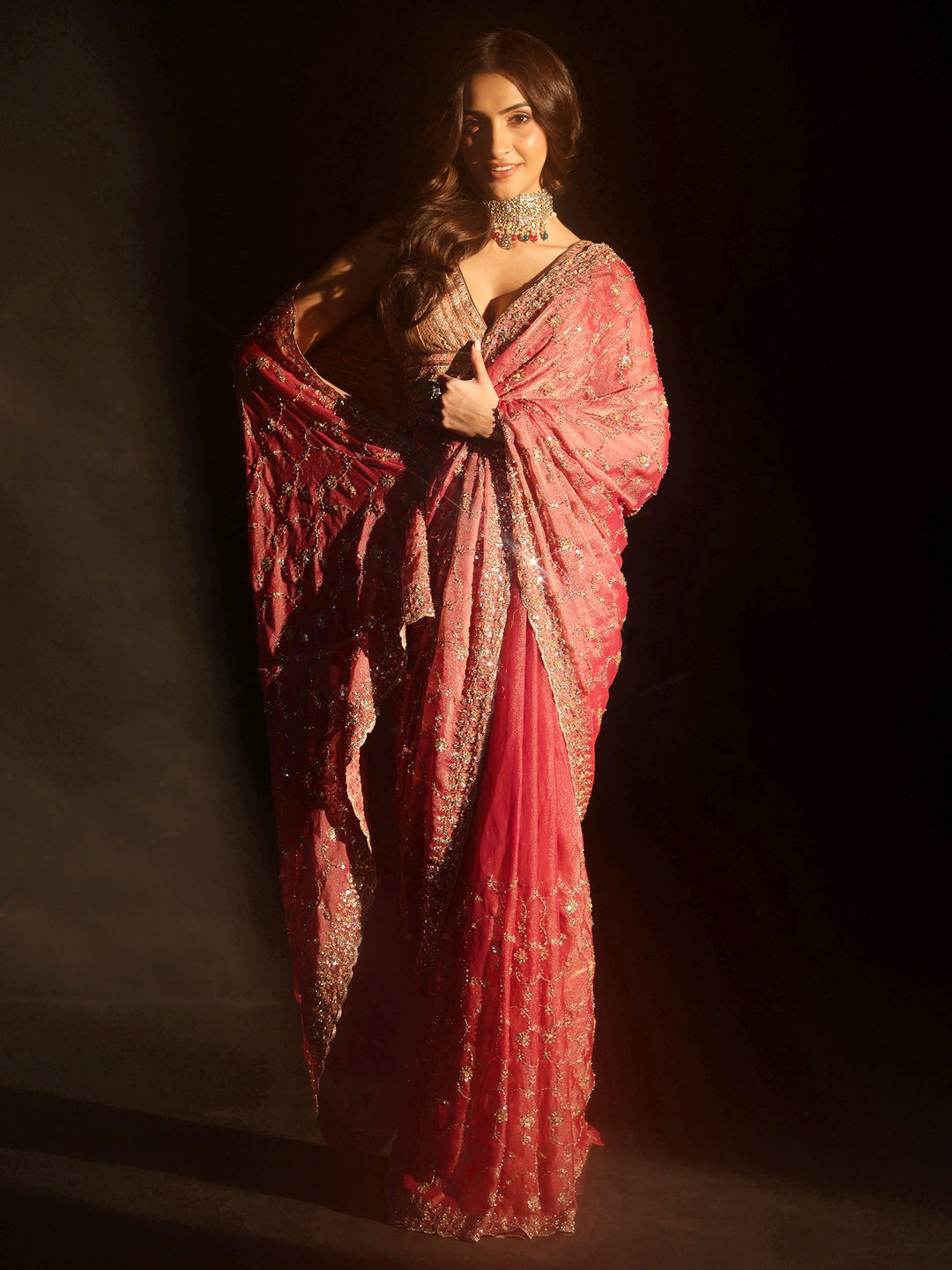  Libas Art Rose Pink Sequins Embellished Tissue Saree 