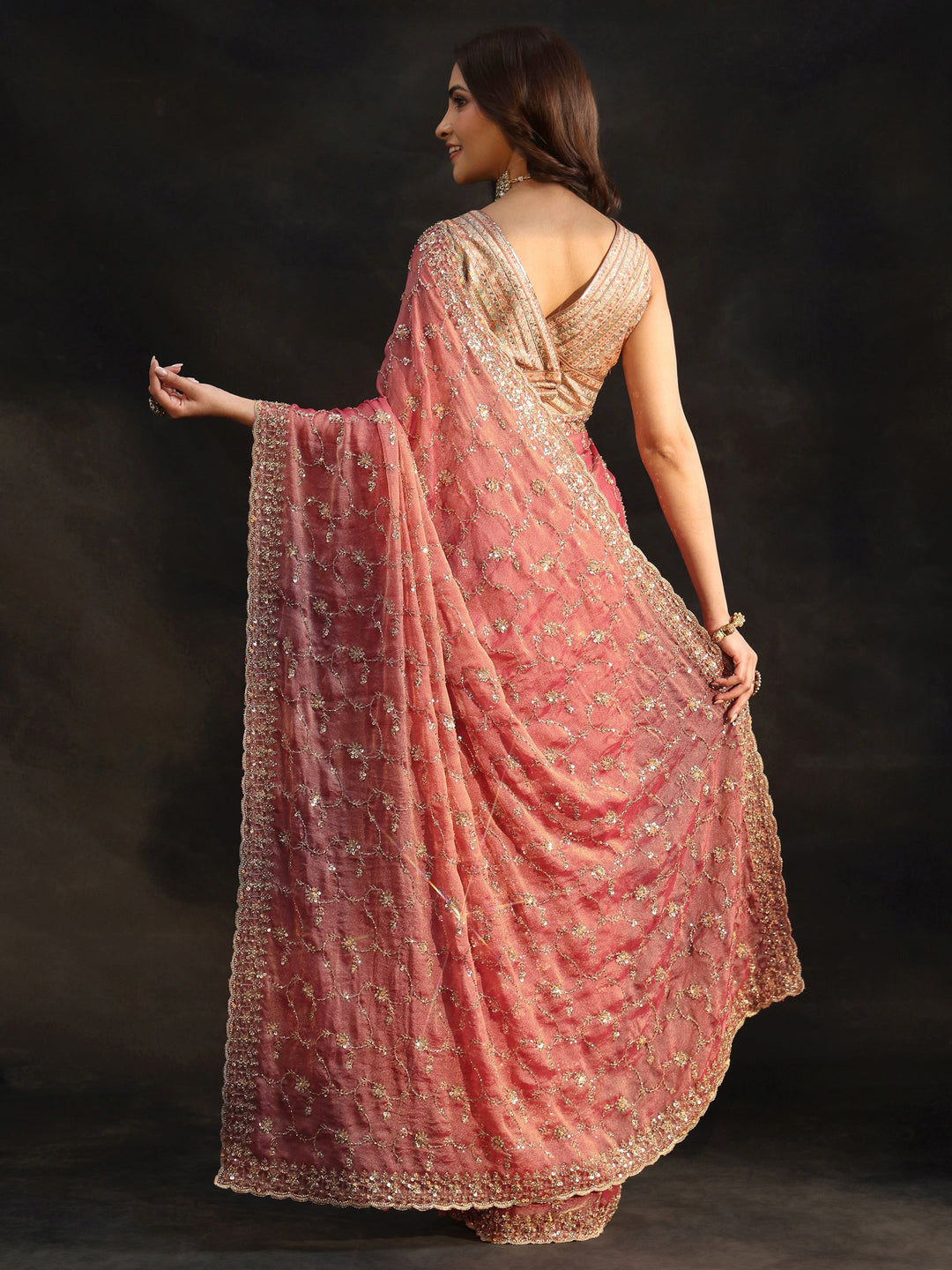  Libas Art Rose Pink Sequins Embellished Tissue Saree 