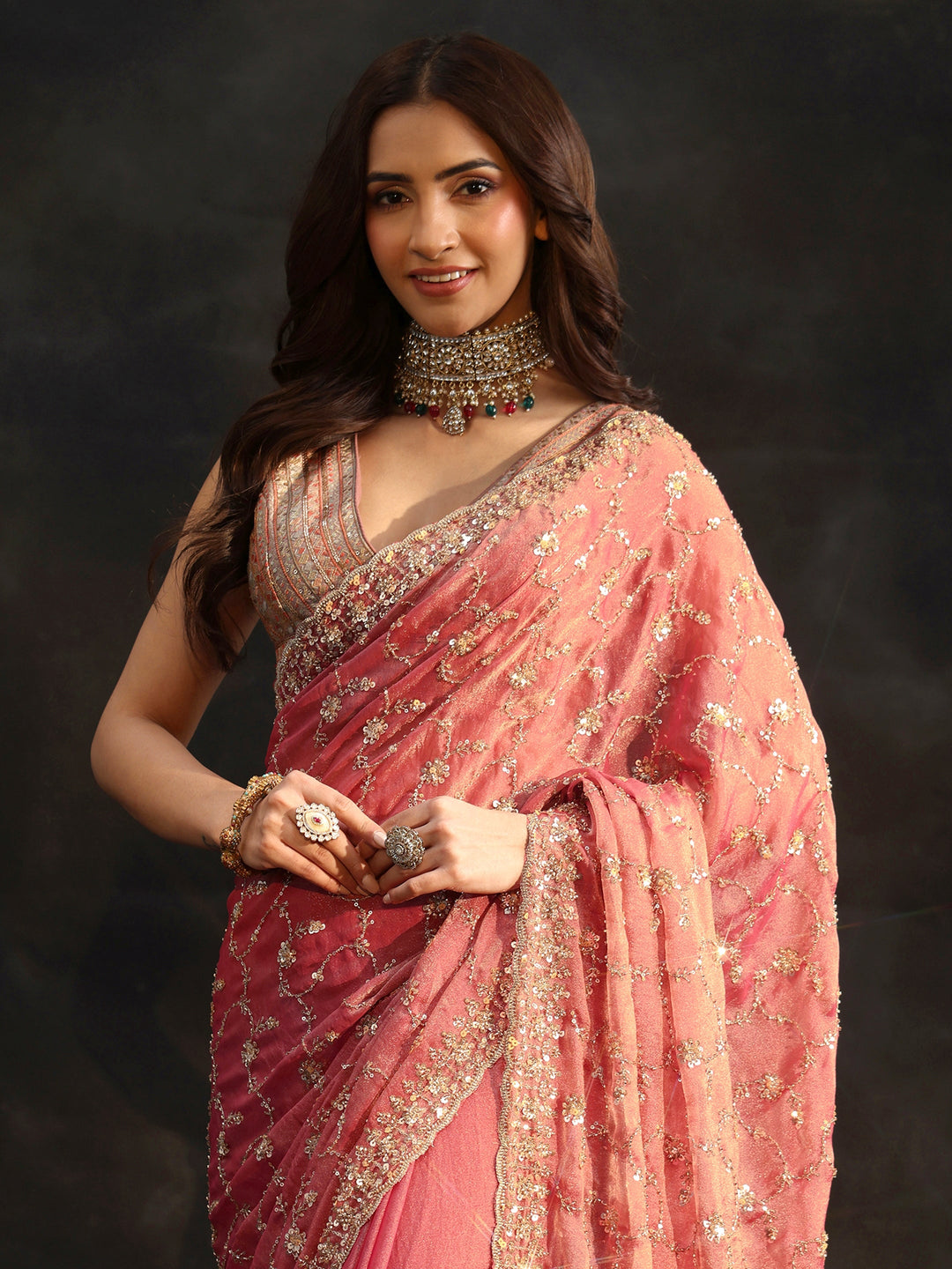  Libas Art Rose Pink Sequins Embellished Tissue Saree 