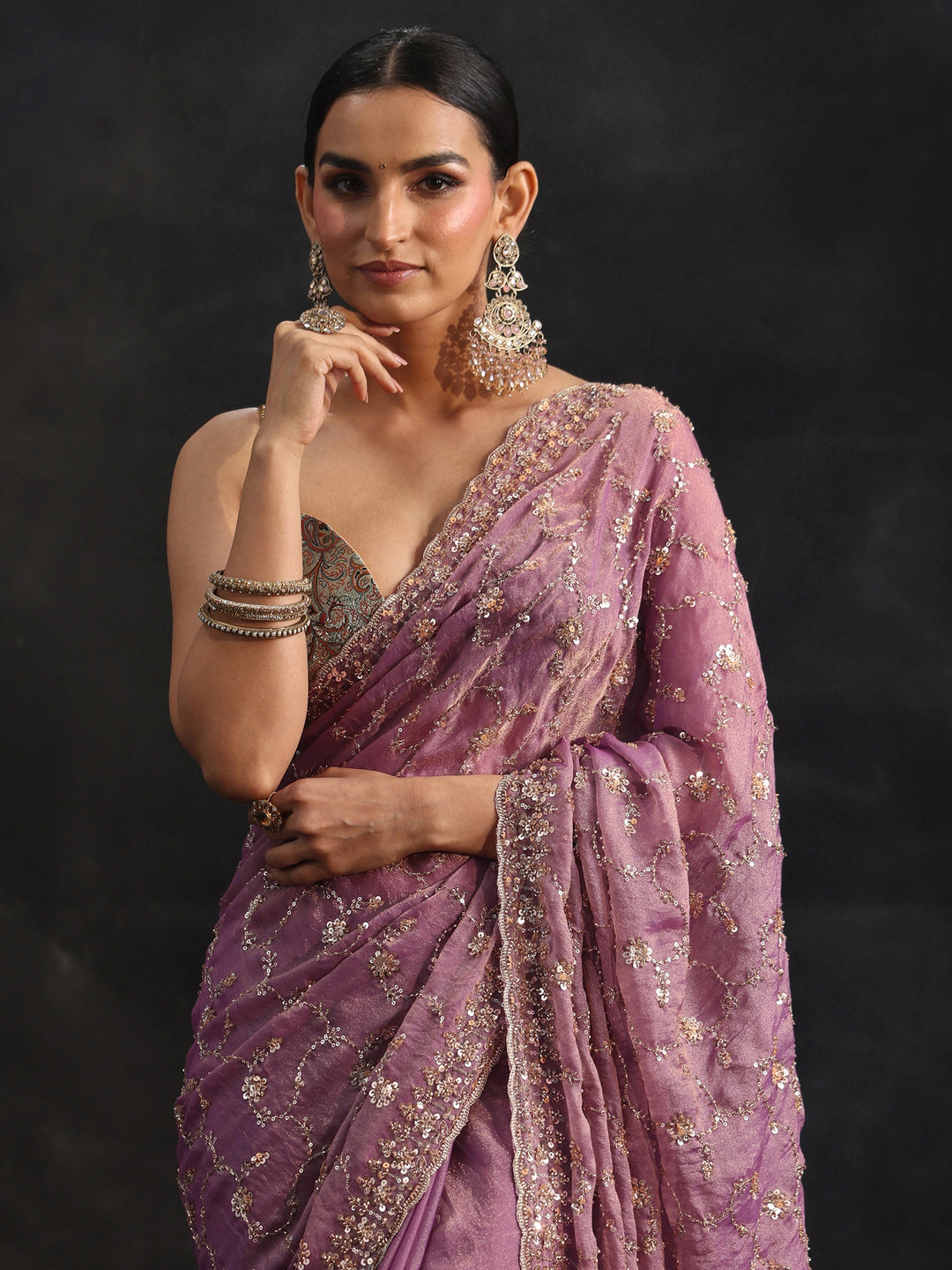  Libas Art Dusty Lavender Sequins Embellished Tissue Saree 