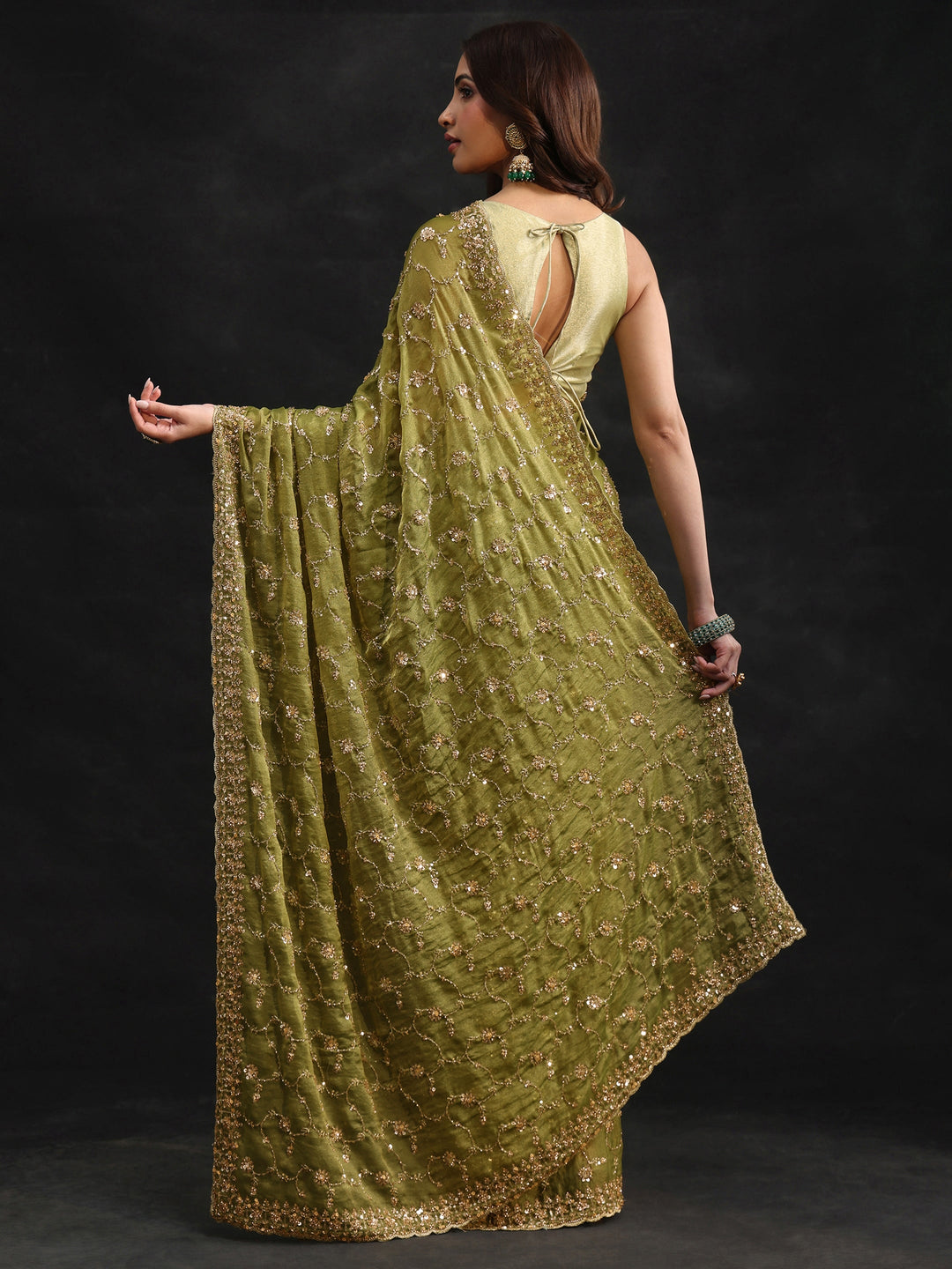  Libas Art Olive Green Sequins Embellished Tissue Saree 