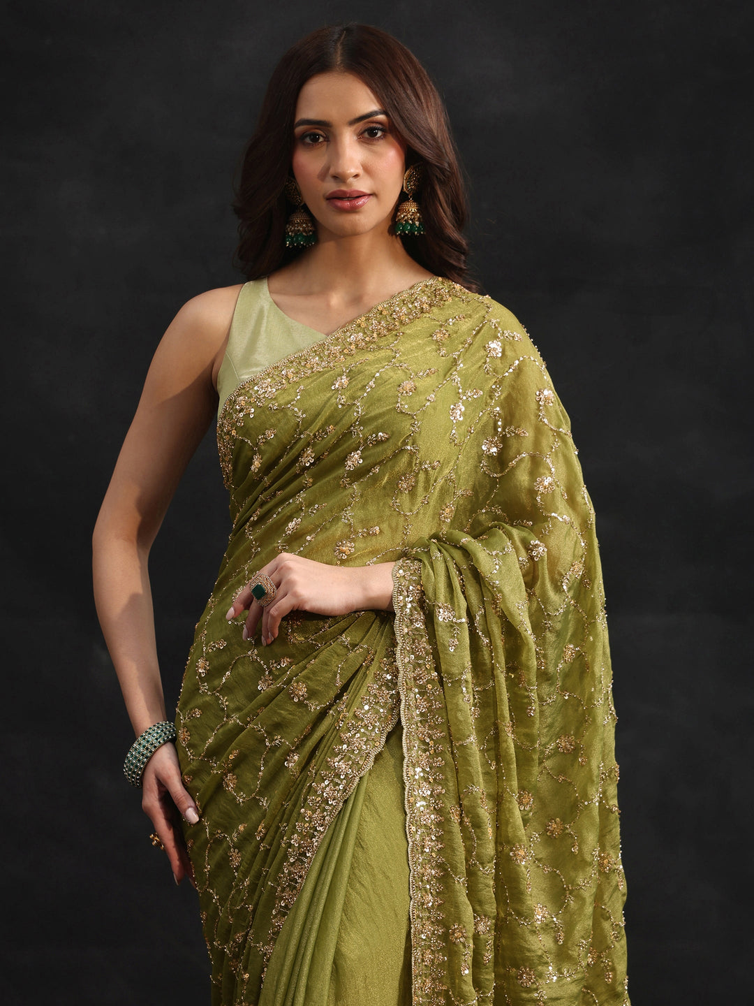  Libas Art Olive Green Sequins Embellished Tissue Saree 