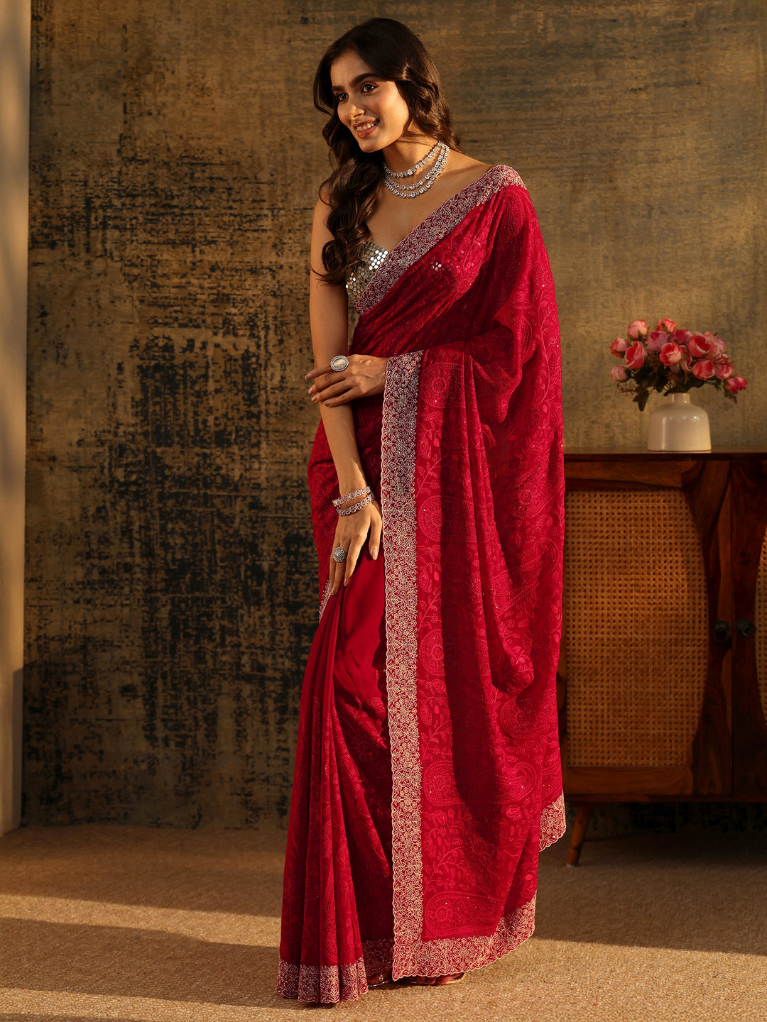  Libas Art Ruby Red Paisley Embroidered Georgette Saree 