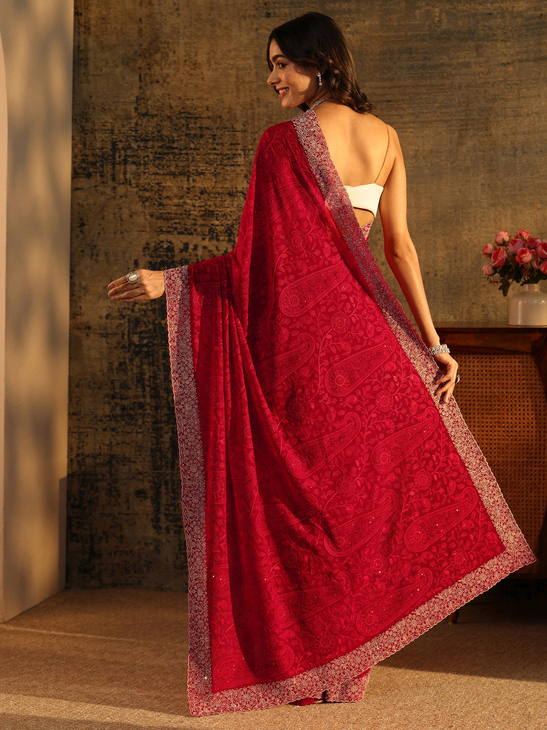 Libas Art Ruby Red Paisley Embroidered Georgette Saree 
