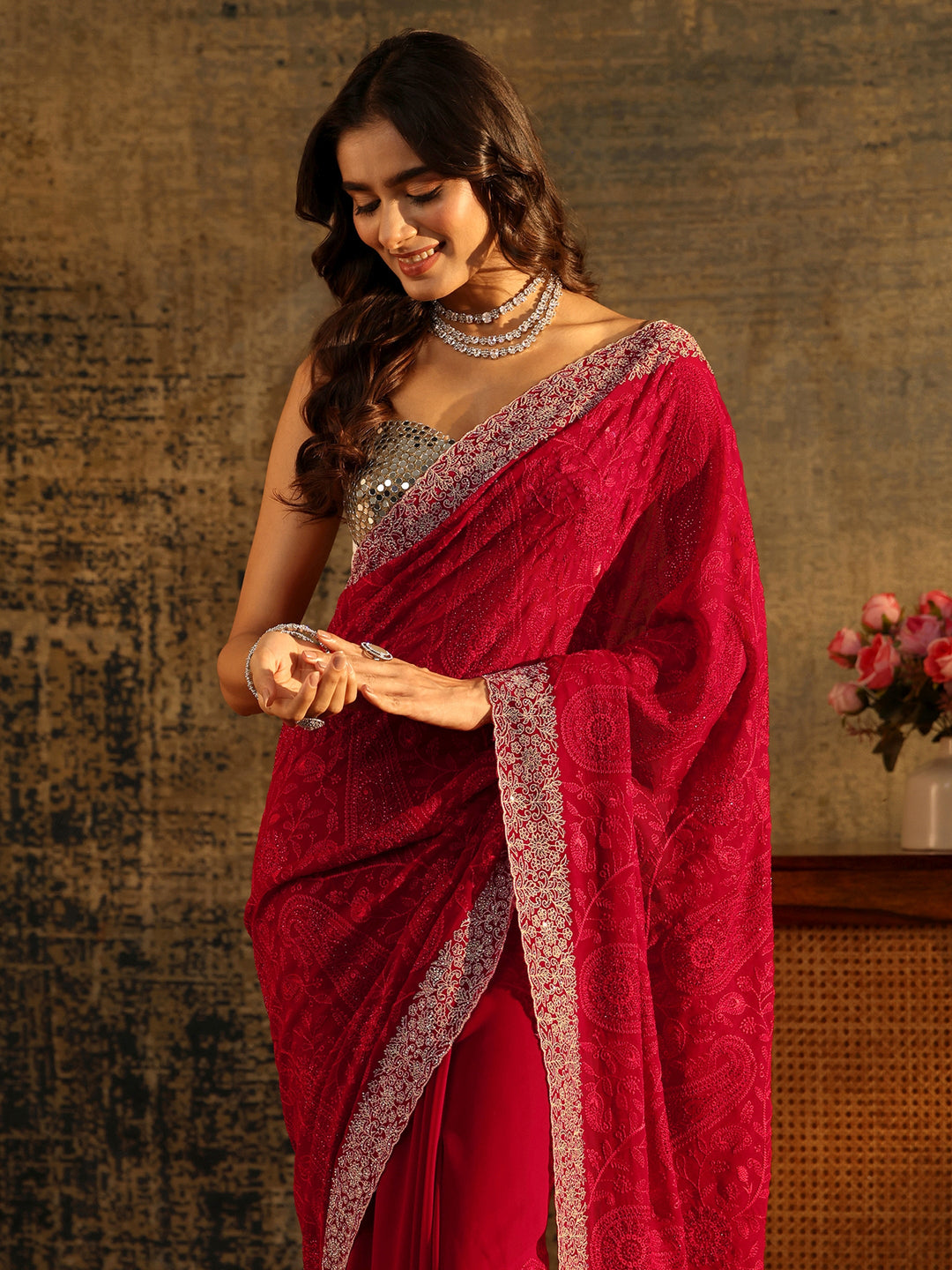  Libas Art Ruby Red Paisley Embroidered Georgette Saree 