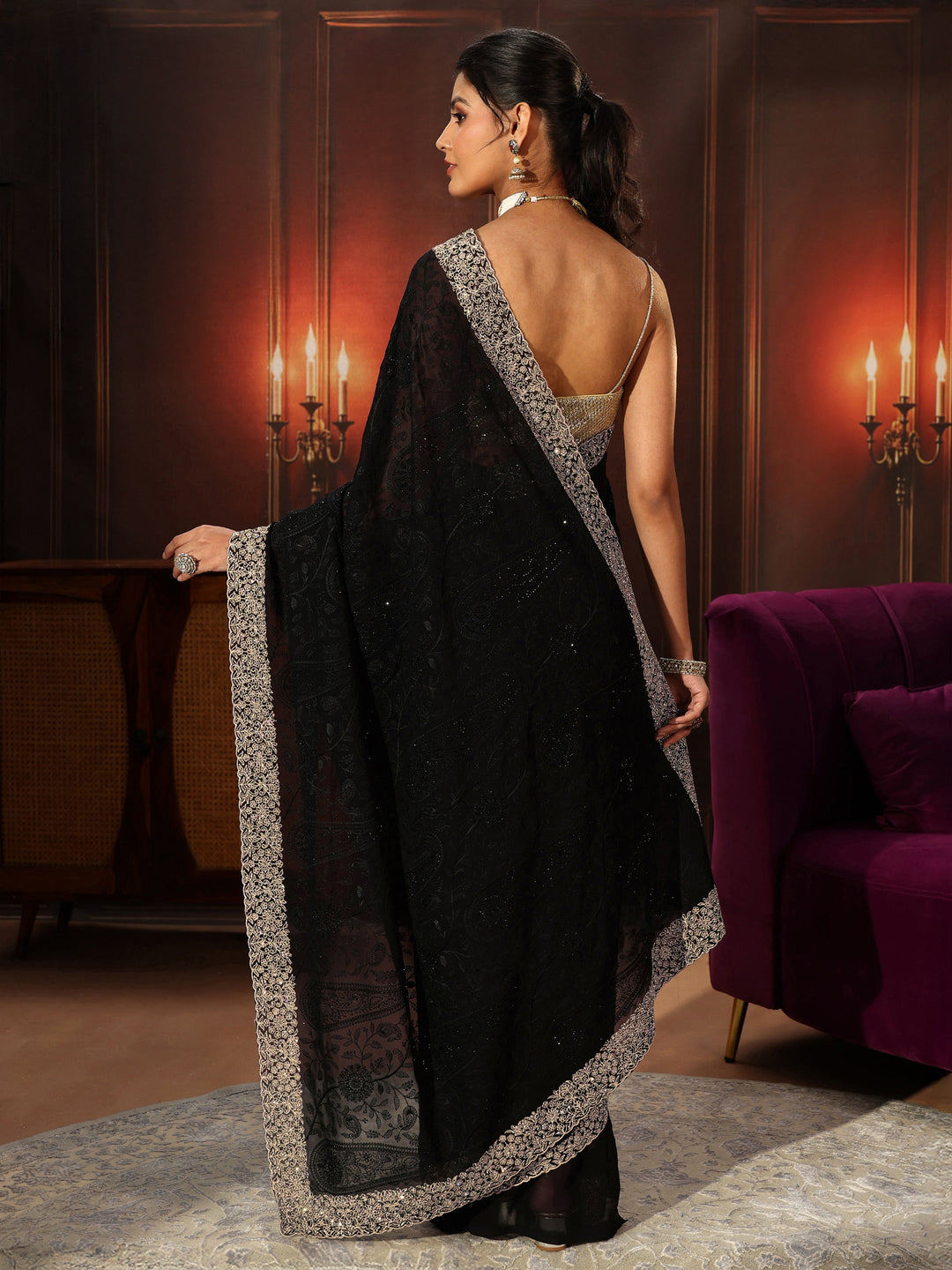  Libas Art Black Floral Embroidered Georgette Saree 