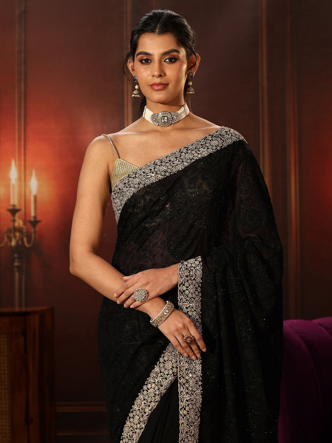  Libas Art Black Floral Embroidered Georgette Saree 