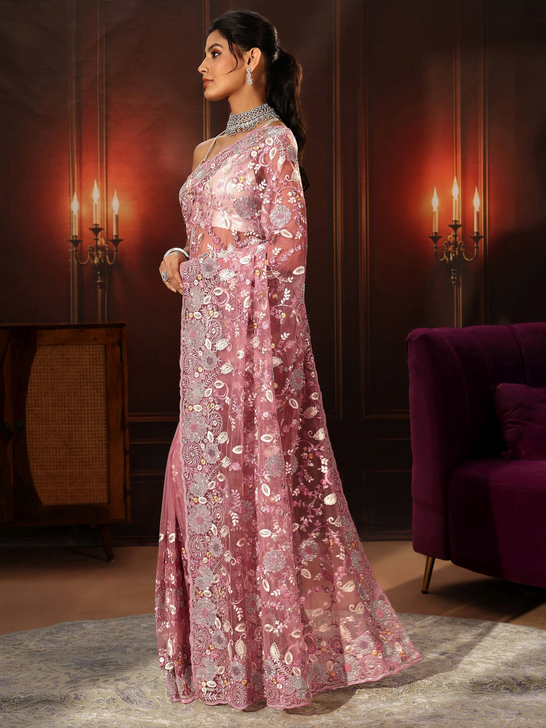  Libas Art Blush Pink Floral Embroidered Net Saree 