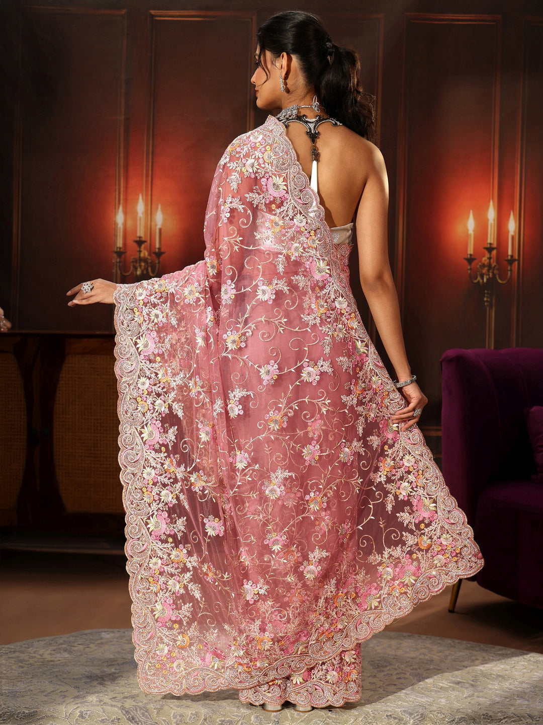  Libas Art Blush Pink Floral Embroidered Net Saree 