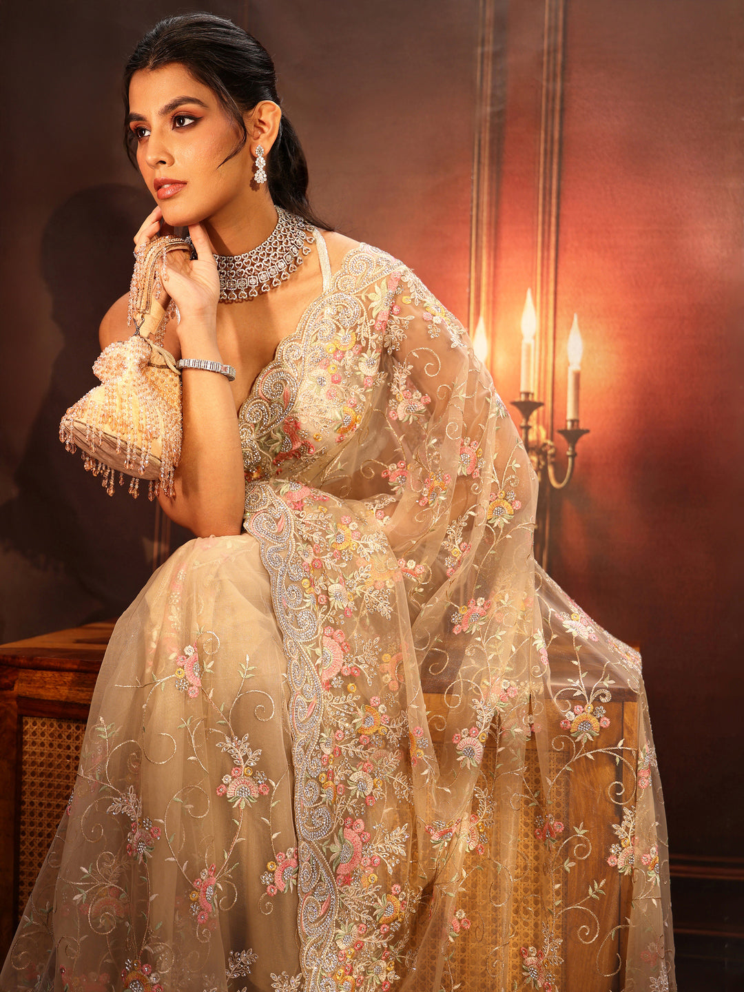 Libas Art Beige Floral Embroidered Net Saree
