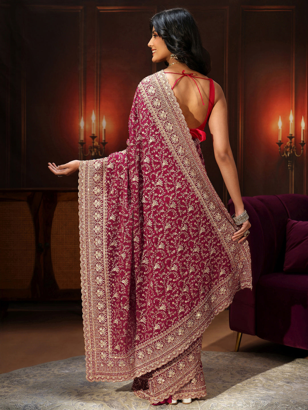  Libas Art Magenta Pink Floral Embroidered Georgette Saree 