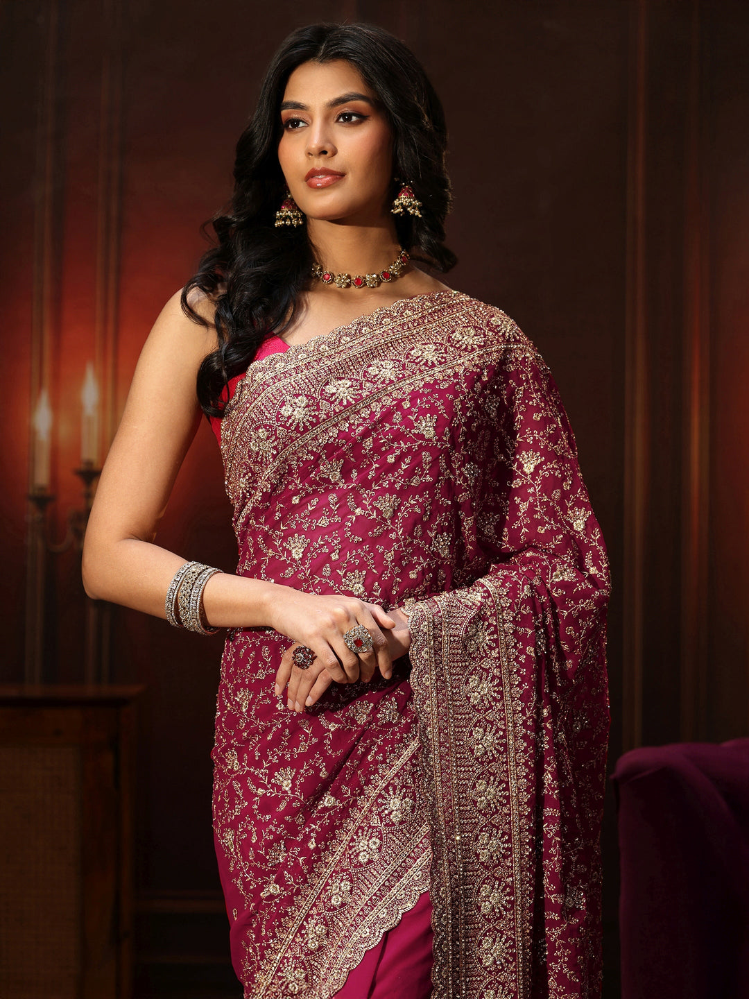  Libas Art Magenta Pink Floral Embroidered Georgette Saree 