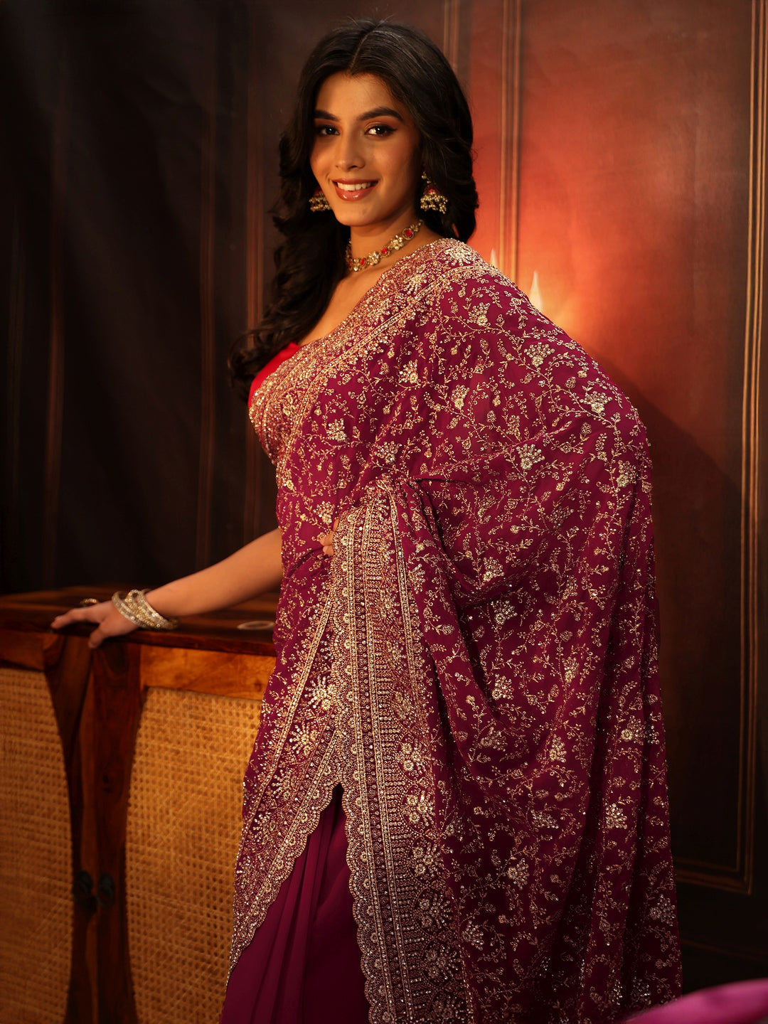  Libas Art Magenta Pink Floral Embroidered Georgette Saree 