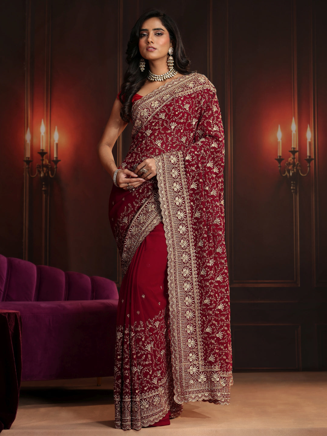 Libas Art Deep Maroon Red Embroidered Georgette Saree 