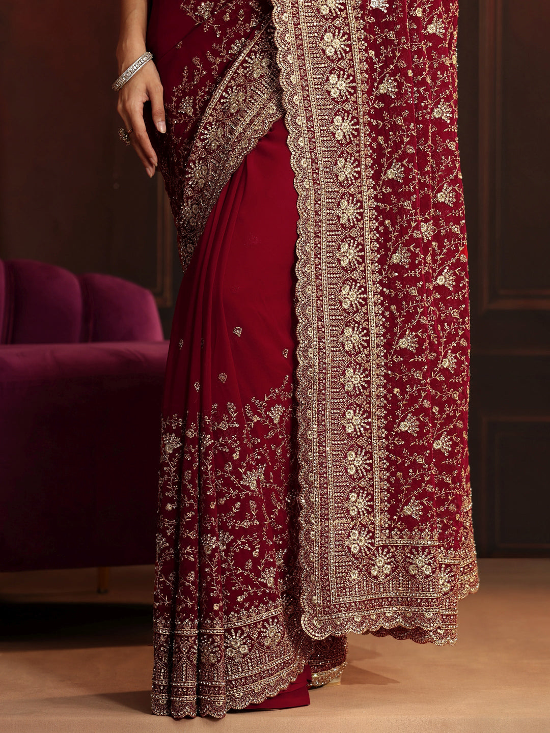  Libas Art Deep Maroon Red Embroidered Georgette Saree 