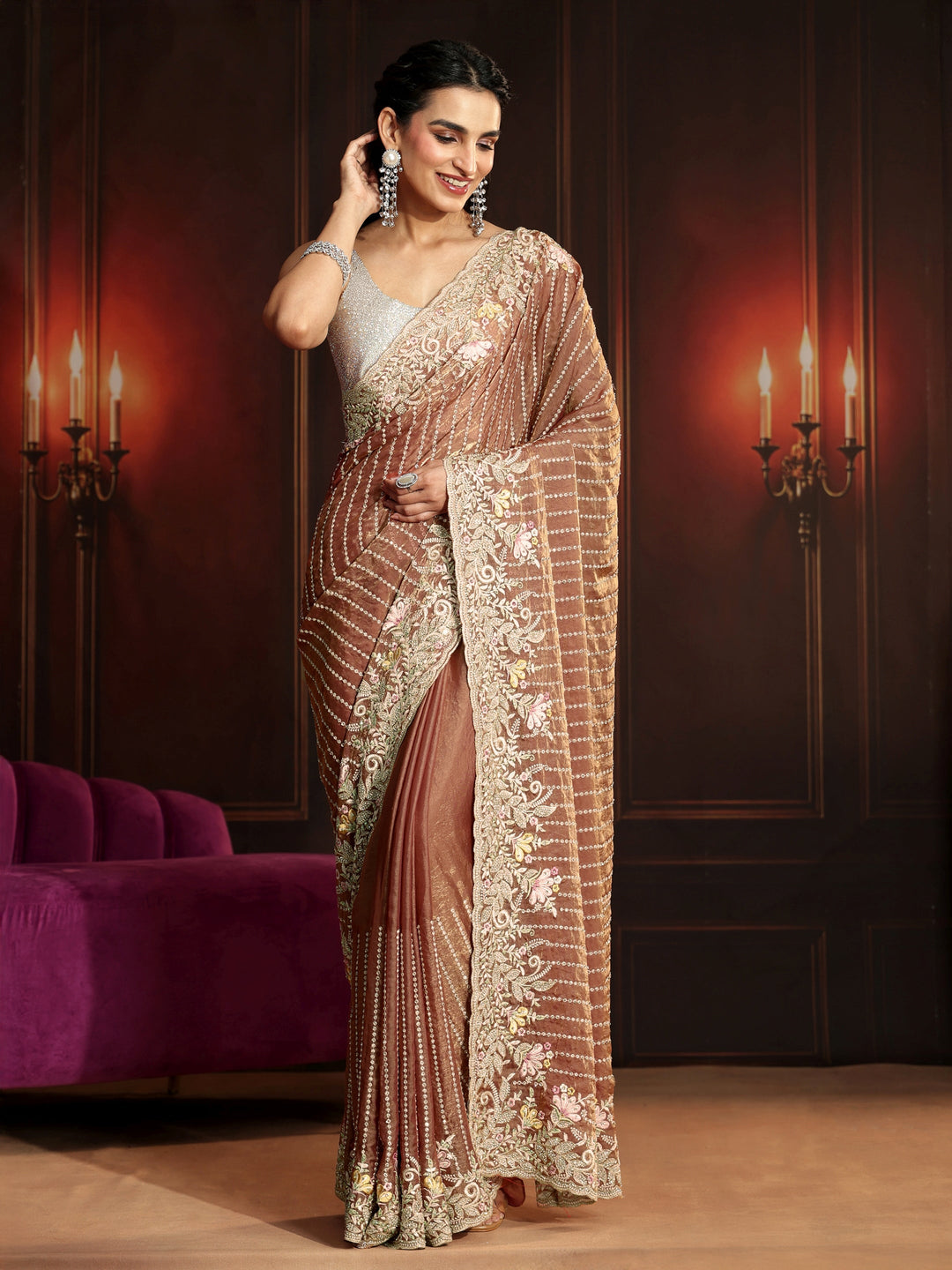  Libas Art Rust Brown Embellished Tissue Saree 