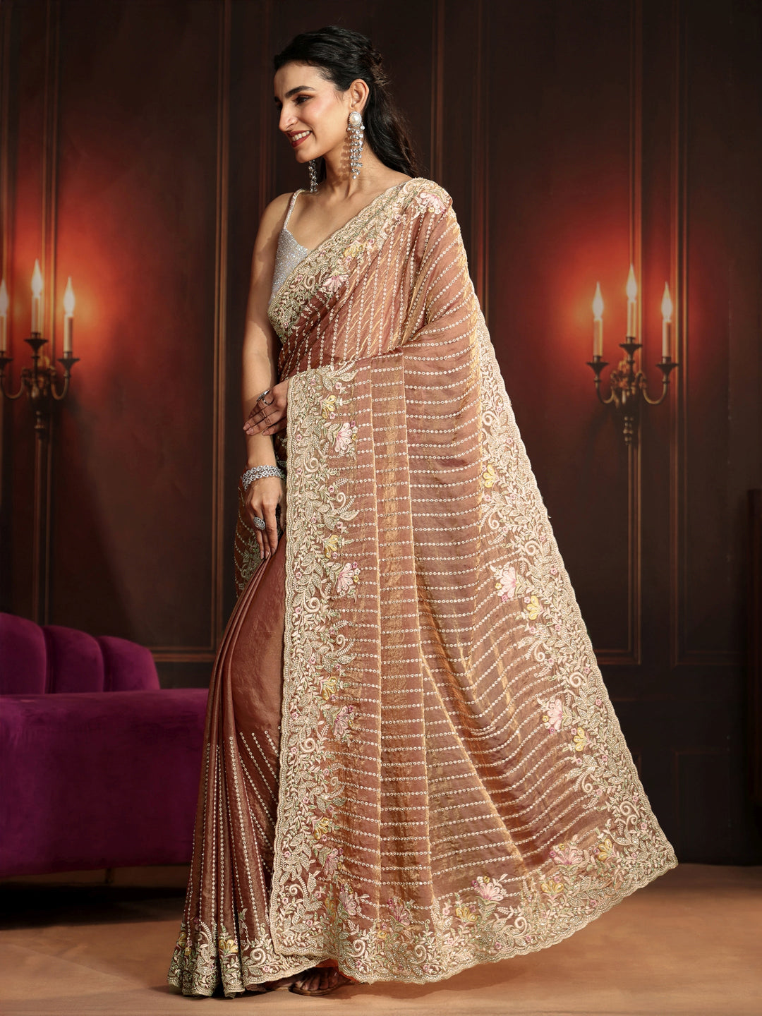  Libas Art Rust Brown Embellished Tissue Saree 
