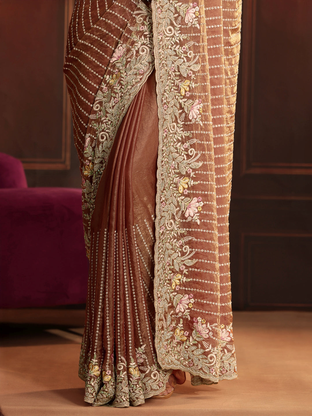  Libas Art Rust Brown Embellished Tissue Saree 