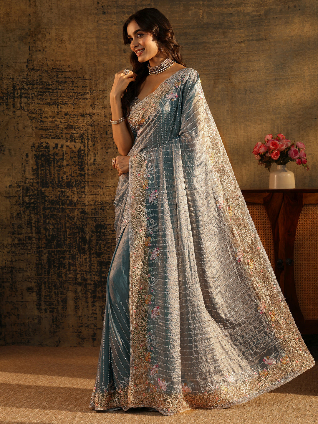  Libas Art Powder Blue Embellished Tissue Saree with Floral Border 