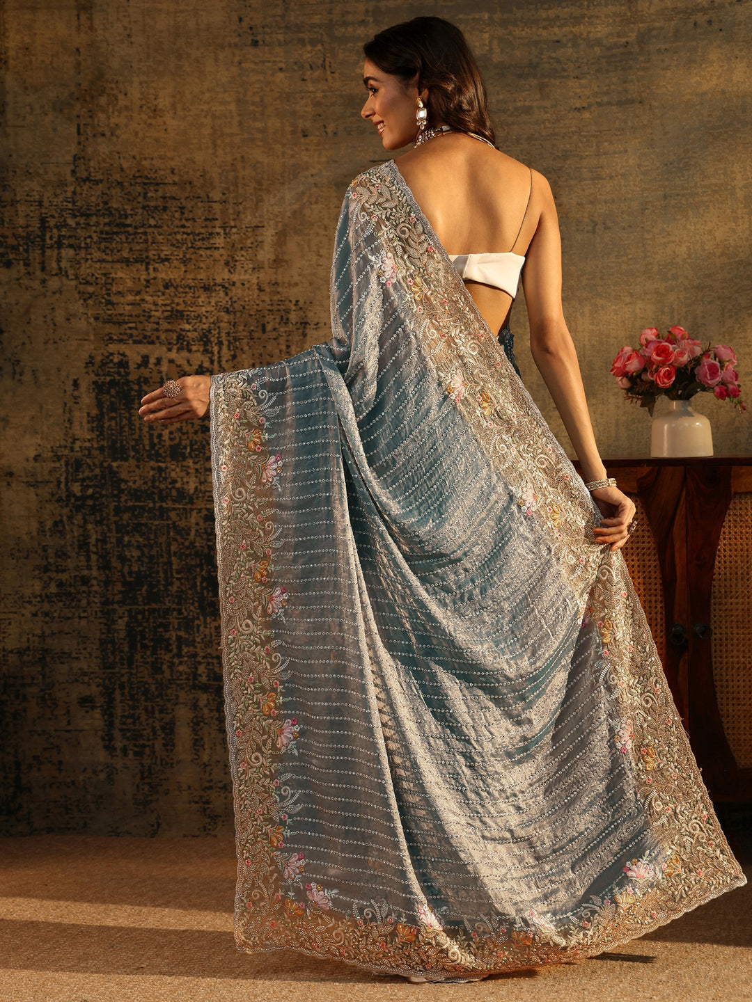  Libas Art Powder Blue Embellished Tissue Saree with Floral Border 