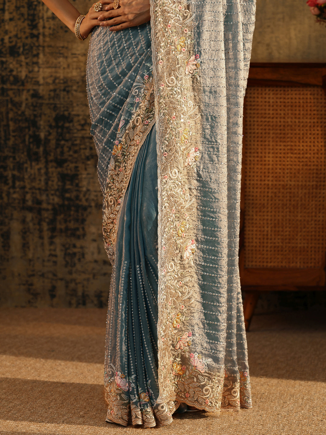  Libas Art Powder Blue Embellished Tissue Saree with Floral Border 