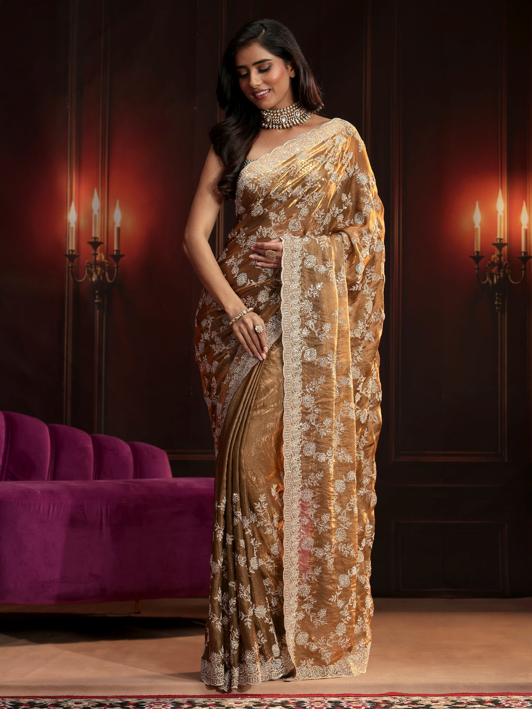  Libas Art Henna Green Floral Embellished Tissue Saree 