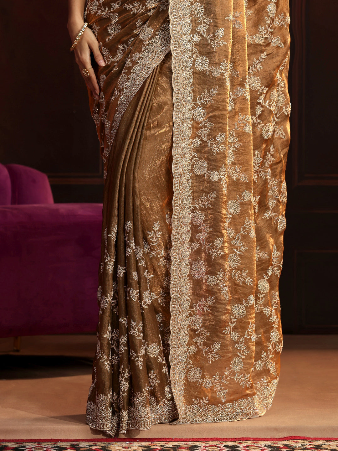  Libas Art Henna Green Floral Embellished Tissue Saree 