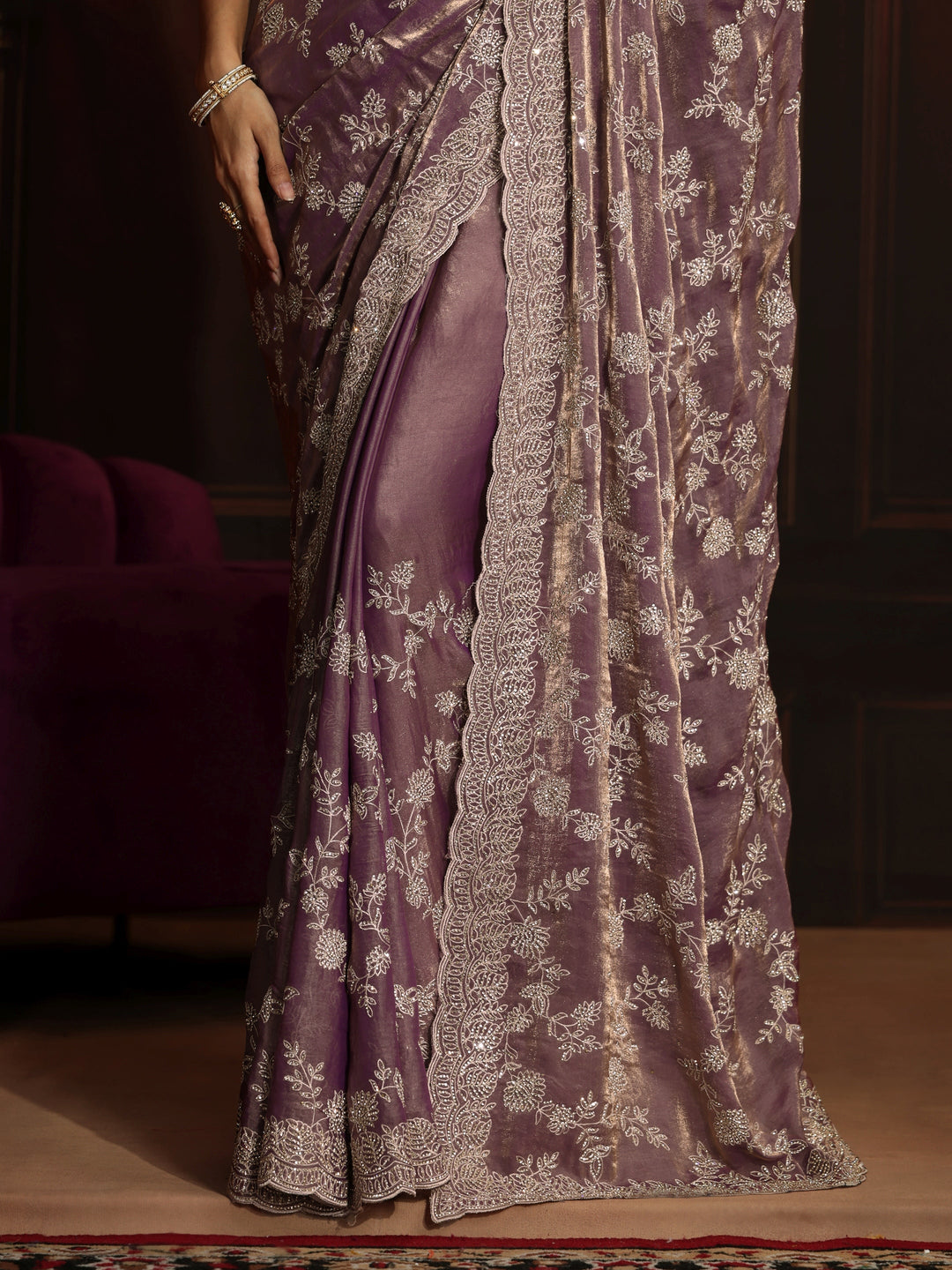  Libas Art Lavender Floral Embellished Tissue Saree 