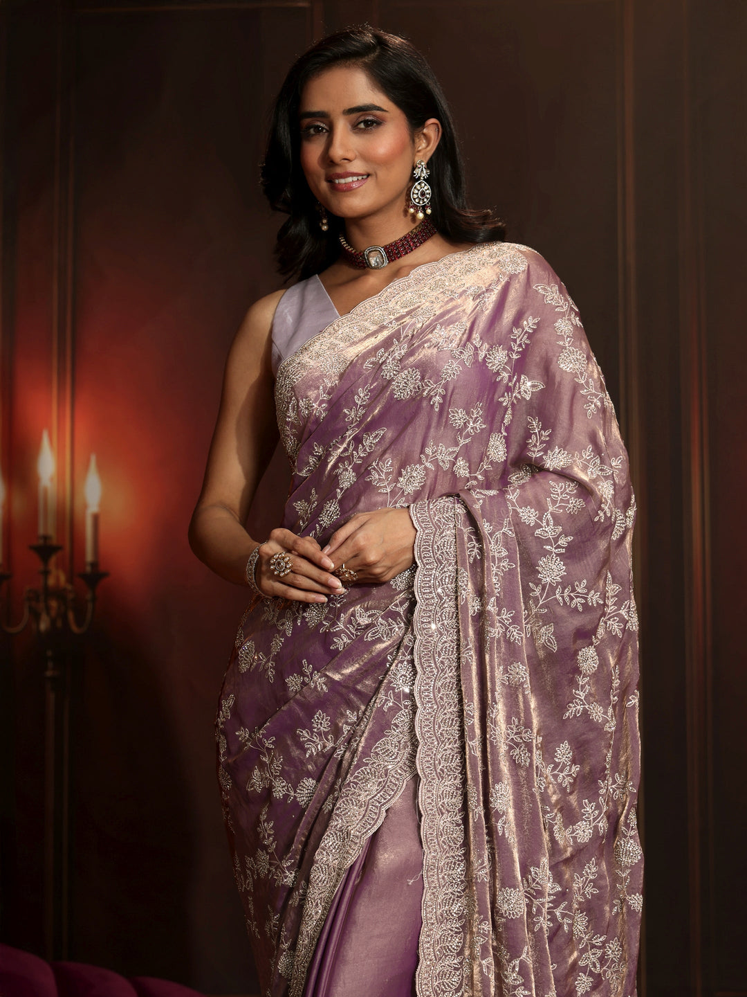  Libas Art Lavender Floral Embellished Tissue Saree 