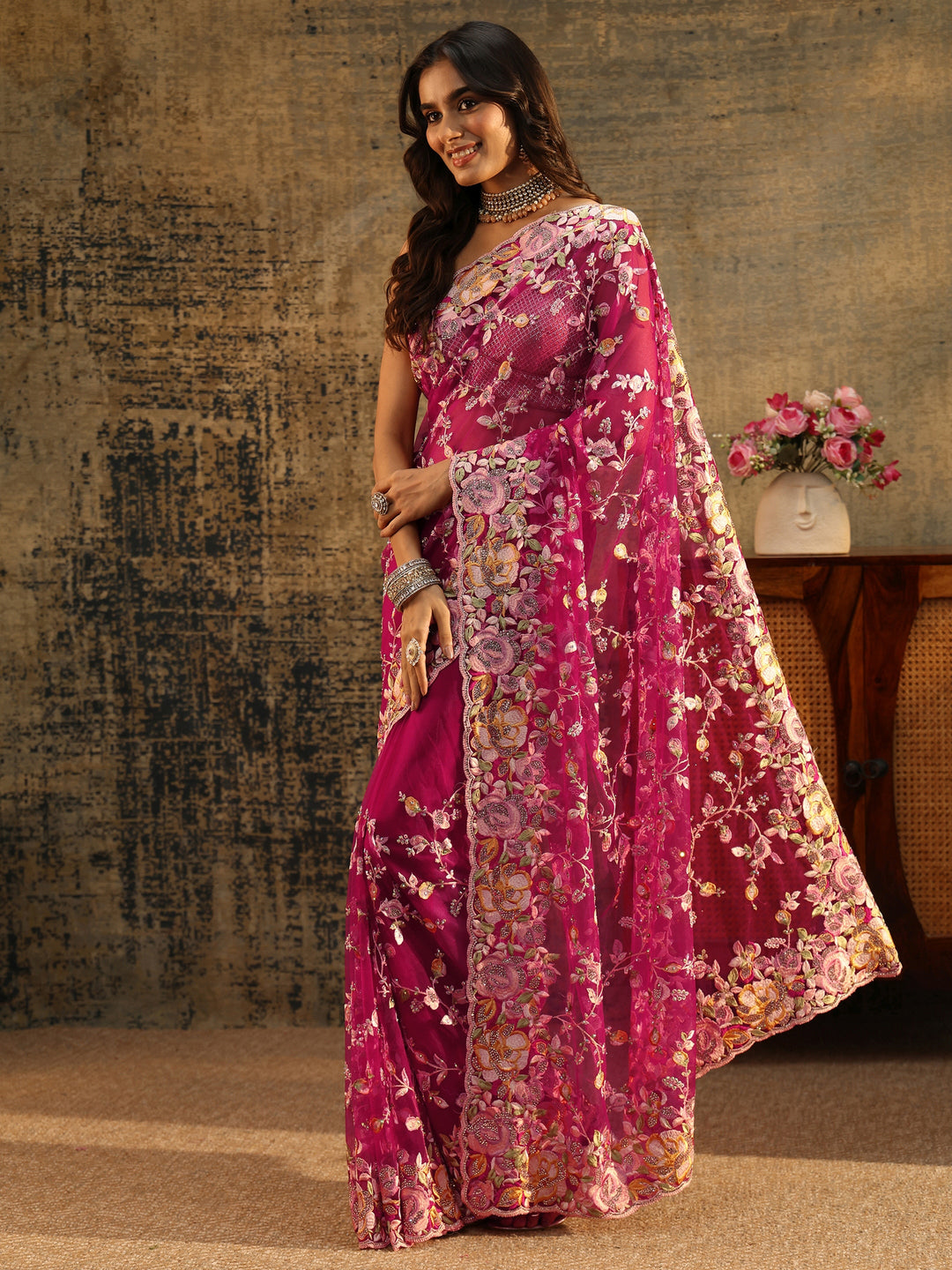  Libas Art Rani Pink Floral Embroidered Net Saree 