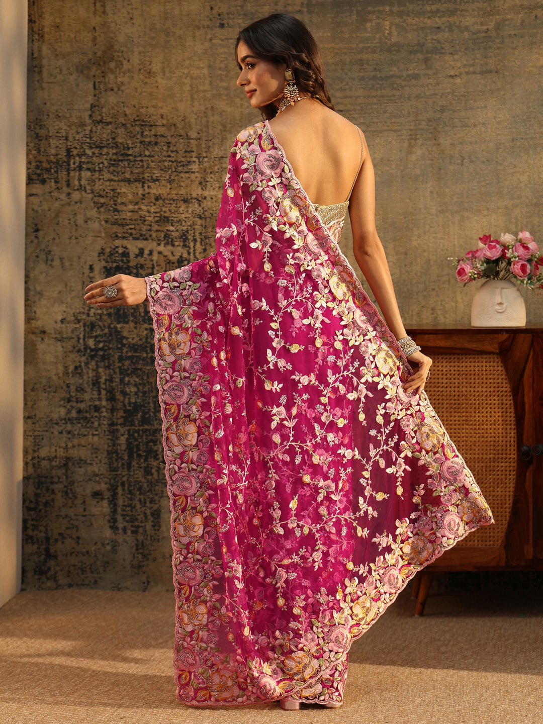  Libas Art Rani Pink Floral Embroidered Net Saree 