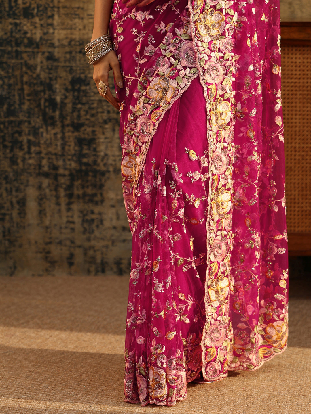  Libas Art Rani Pink Floral Embroidered Net Saree 