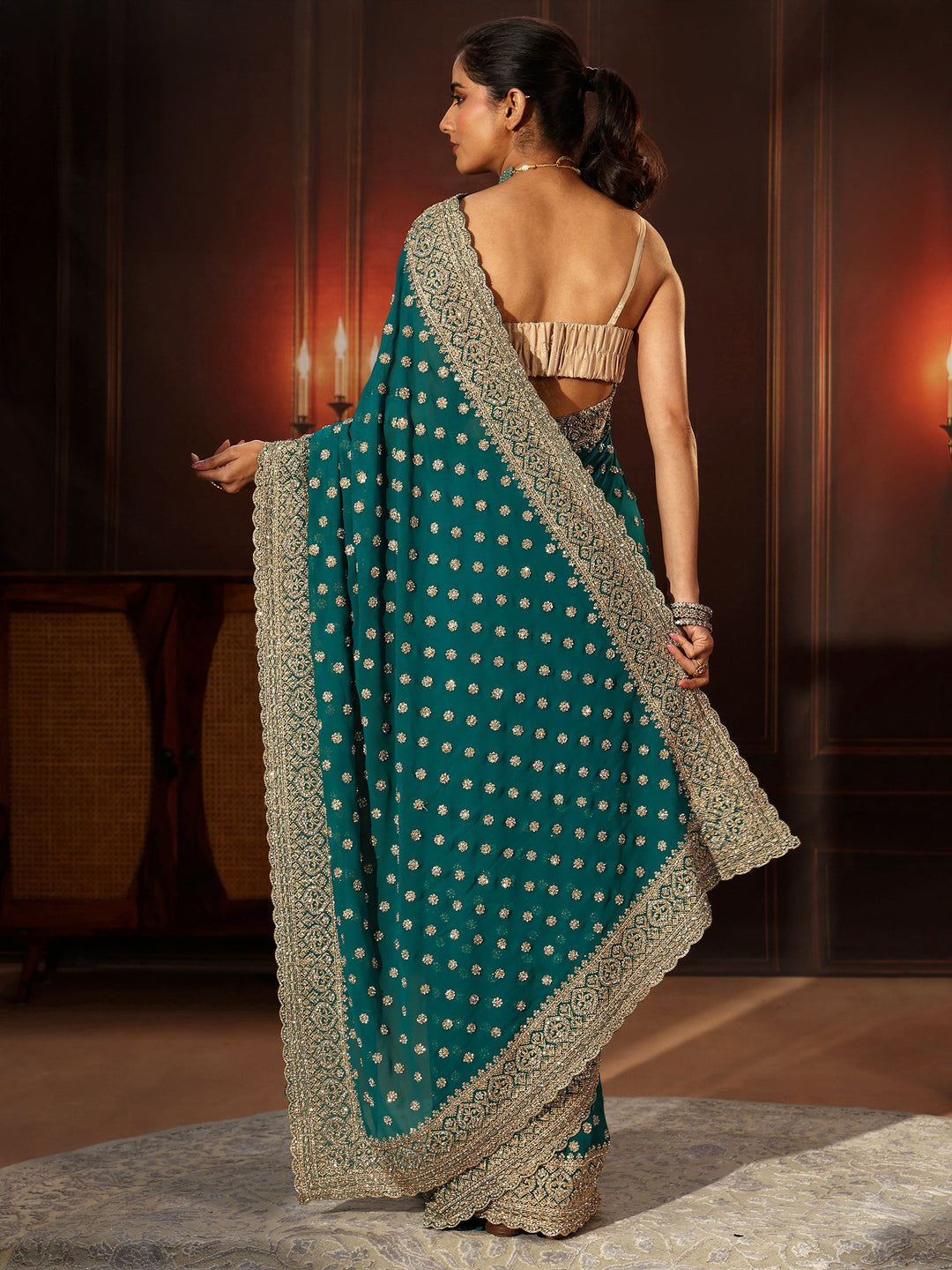  Libas Art Peacock Green Embellished Georgette Saree 
